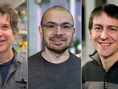 Desde la izquierda, David Baker, Demis Hassabis y John Jumper.