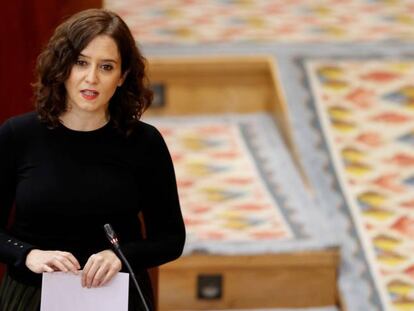 La presidenta de la Comunidad de Madrid, Isabel Díaz Ayuso, en el pleno de la Asamblea de Madrid este jueves.