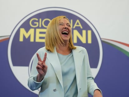 Far-Right party Brothers of Italy's leader Giorgia Meloni reacts at her party's electoral headquarters in Rome, early Monday, Sept. 26, 2022. Italians voted in a national election that might yield the nation's first government led by the far right since the end of World War II. (AP Photo/Gregorio Borgia)