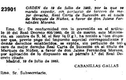 Disposición del BOE en la que el padre de la actual marquesa recuperó el título, en 1982.