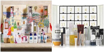 Los calendarios de adviento de L'Occitane y, a la derecha, el de los almacenes de lujo Harrods.