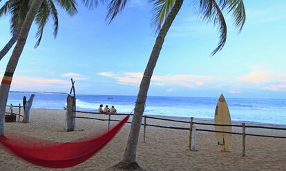 Hamaca entre palmeras en una playa de Sri Lanka, India.