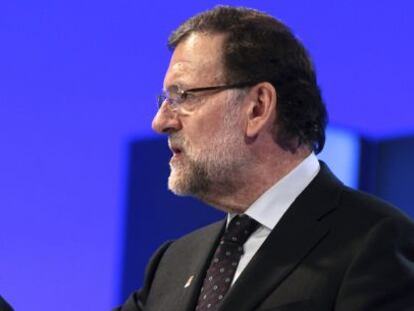 El president del Govern espanyol i candidat del PP, Mariano Rajoy, en la seva intervenció al míting central de la seva campanya a l'Aragó.