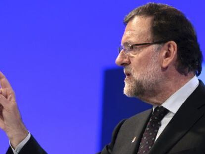 El president del Govern espanyol i candidat del PP, Mariano Rajoy, en la seva intervenció al míting central de la seva campanya a l'Aragó.