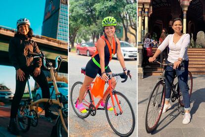Mujeres en bici funcionaria de la Semovi Fernanda Rivera, la reportera Patricia Calderón y la cofundadora de la organización de movilidad sustentable Céntrico, Alejandra Leal.