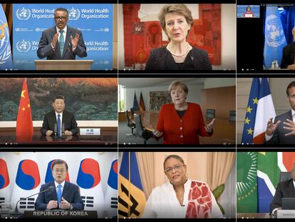 Imágenes de las intervenciones por teleconferencia (desde arriba a la ziquierda en el sentido de la lectura) de su presidente, Tedros Adhanom Ghebreyesus; la presidenta de Suiza, Simonetta Sommaruga; el secretario general de la ONU, Antonio Guterres; el presidente chino, Xi Jinping, la canciller alemana, Angela Merkel; el presidente francés, Emmanuel Macron; el presidente de Corea del Sur, Moon Jae-in; la primera ministra de Barbados, Mia Mottley y el prsidente de Sudáfrica, Cyril Ramaphosa.