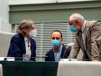 Los concejales del Grupo Mixto Marta Higueras, José Manuel Calvo, y Luis Cueto, antes del inicio de un pleno.