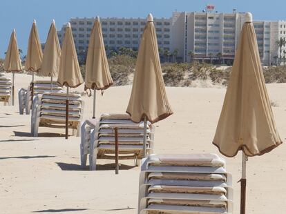 An empty beach in Fuerteventura in Spain’s Canary Islands.