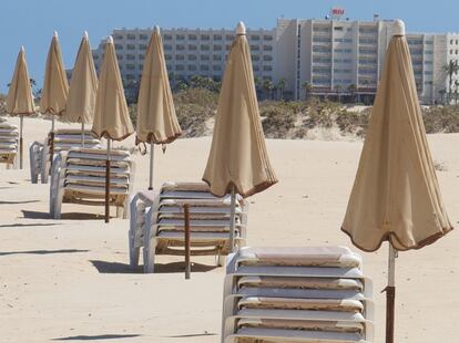 An empty beach in Fuerteventura in Spain’s Canary Islands.