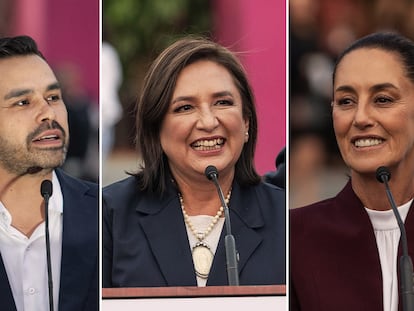 Jorge Álvarez Máynez, Xóchitl Gálvez y Claudia Sheinbaum hablan momentos antes del primer debate presidencial, el 8 de abril, en Ciudad de México.