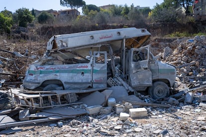 An ambulance destroyed by an Israeli attack on October 9 in Kafra, Lebanon.