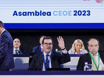 El presidente de la CEOE, Antonio Garamendi, durante la Asamblea General de la patronal de 2023.