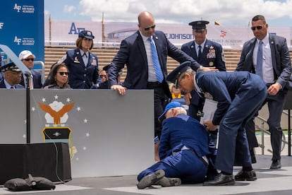 President Joe Biden falls on stage during the 2023 United States Air Force Academy Graduation Ceremony at Falcon Stadium, Thursday, June 1, 2023, at the United States Air Force Academy in Colorado Springs.