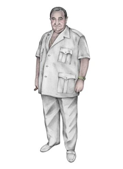 Ilustración de Jesús Gil con uno de sus típicos modelos. El escote de la camisa dependía del grosor de la cadena de oro.