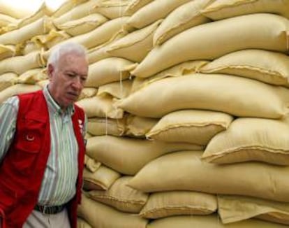 El ministro de Asuntos Exteriores y de Cooperación, Jose Manuel García-Margallo, durante su visita a un almacén de distribución de ayuda en Tacloban (Filipinas). El ministro ha partido para visitar Vietnam.