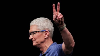 Apple CEO Tim Cook gestures during the annual developer conference event at the company's headquarters in Cupertino, California, U.S., June 10, 2024. REUTERS/Carlos Barria