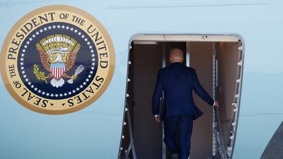 President Joe Biden boards Air Force One, March 11, 2024, at Andrews Air Force Base, Md.