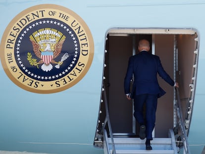 President Joe Biden boards Air Force One, March 11, 2024, at Andrews Air Force Base, Md.