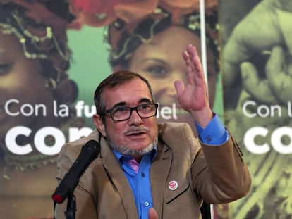 El líder del partido FARC, Rodrigo Londoño, 'Timochenko', durante una comparecencia.