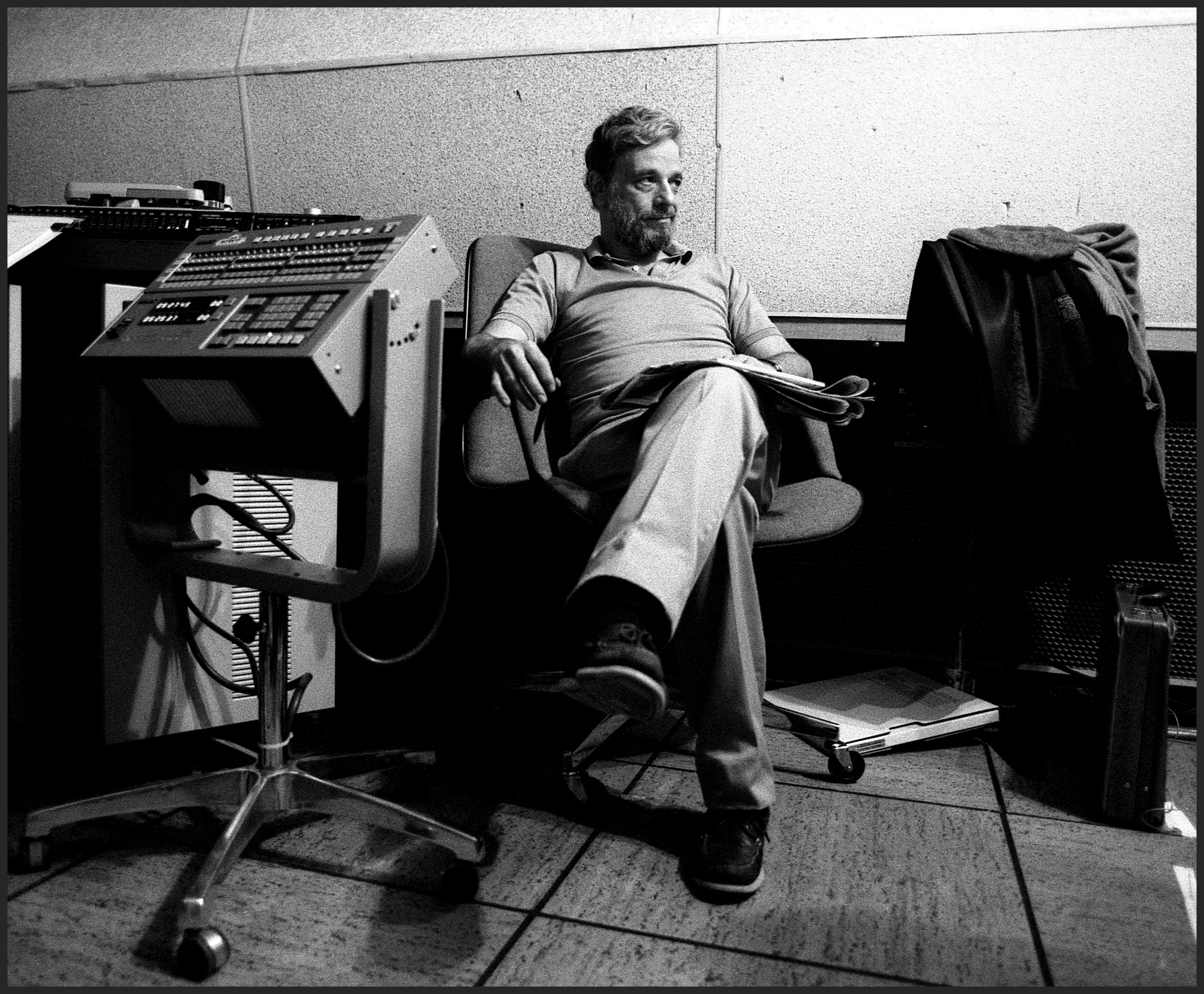 Stephen Sondheim, songwriter/lyricist, listening to music in the recording control room during the original cast recording of the Broadway musical 'Into The Woods', New York, 1987. (Photo by Oliver Morris/Getty Images)