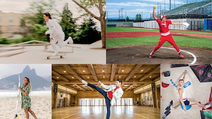 Em sentido horário: a skatista norte-americana Alexis Sablone, a jogadora japonesa de softbol Yukiko Ueno, a escaladora francesa Julia Chanourdie, o carateca espanhol Damián Quintero e a surfista brasileira Silvana Lima.