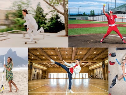 Em sentido horário: a skatista norte-americana Alexis Sablone, a jogadora japonesa de softbol Yukiko Ueno, a escaladora francesa Julia Chanourdie, o carateca espanhol Damián Quintero e a surfista brasileira Silvana Lima.