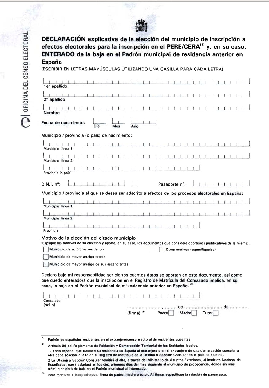 Formulario para elegir el municipio al que se asinga el voto del español residente en el extranjero