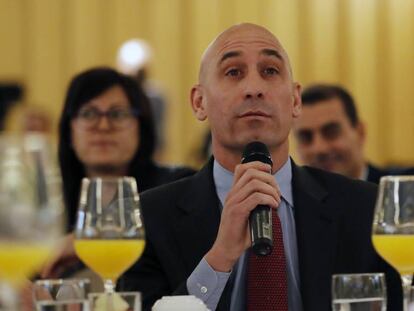 Luis Rubiales, este miércoles en un desayuno informativo de EP.