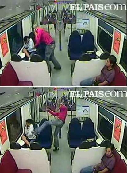 Dos instantes de la agresión, captada por una cámara del tren.