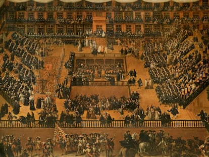 'Auto de Fe en la plaza Mayor de Madrid' de Francisco Rizzi (1683), donde se pueden ver las infraestructuras para los ritos religiosos del siglo XVII.