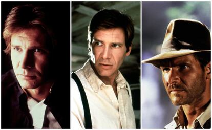 De izquierda a derecha: Harrison Ford en 'Star Wars. El Imperio contraataca' (1980), 'Único testigo' (1985) e 'Los cazadores del arca perdida' (1981).