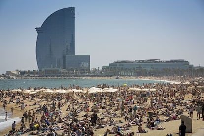 La platja de Barcelona, plena a vessar un dia de primavera del 2014.