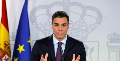 El presidente del Gobierno, Pedro S&aacute;nchez, durante su comparecencia antes los medios en el Palacio de La Moncloa
 EFE/Juan Carlos Hidalgo