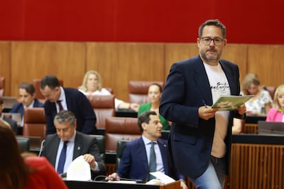 El portavoz del Grupo Mixto Adelante Andalucía, José Ignacio García, interviene durante el debate en el Parlamento autonómico.