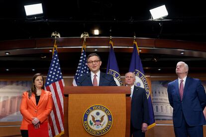 US House Republican Conference Chair Elise Stefanik (L), House Majority Leader Steve Scalise (2-R) and House Majority Whip Tom Emmer (R) look on as US Speaker of the House Mike Johnson (2-L) speaks during a press conference at the US Capitol in Washington, DC, March 20, 2024.