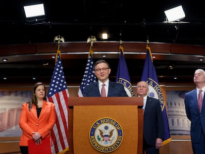 US House Republican Conference Chair Elise Stefanik (L), House Majority Leader Steve Scalise (2-R) and House Majority Whip Tom Emmer (R) look on as US Speaker of the House Mike Johnson (2-L) speaks during a press conference at the US Capitol in Washington, DC, March 20, 2024.