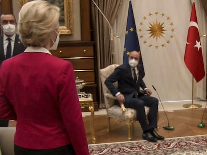 Ursula von der Leyen, Charles Michel y Recep Tayyip Erdogan, en la reunión mantenida el martes.