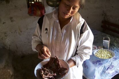 El charqui de carne, como el que muestra Marlene en la imagen, es algo habitual en los Andes, donde la mayoría de las casas en las zonas rurales carecen de frigorífico, para poder conservarla durante varios días. Sin embargo, el charqui de vísceras como el hígado, el bofe (el pulmón de la vaca), del bazo y de la sangrecita, se había perdido y ya casi nadie lo practicaba, pese a que estas partes de los animales tienen una mayor concentración de hierro.