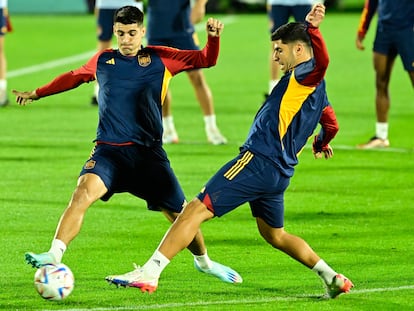 Spain's forward Alvaro Morata (L) and Spain's forward Marco Asensio (R) take part in a training session at the Qatar University Training ground in Doha on November 22, 2022, on the eve of their Qatar 2022 World Cup football match between Spain and Costa Rica. (Photo by JAVIER SORIANO / AFP)