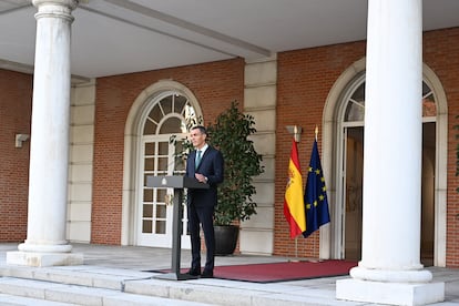 Pedro Sánchez, este lunes durante su comparecencia en Moncloa.