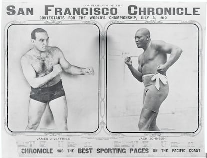 Cartel del combate entre Jack Johnson y James J. Jeffries en Reno, Estados Unidos, el 4 de Julio de 1910.