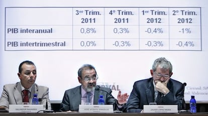 Jos&eacute; Vicente Gonz&aacute;lez, en la asamblea de Cierval, entre Salvador Navarro (presidente de la CEV) y Javier L&oacute;pez Mora, secretario general de Cierval. 