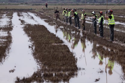 El V batallón de la UME de León participa en labores de búsqueda de cuerpos arrastrados por las riadas entre los arrozales de Alfafar (Valencia), el viernes.