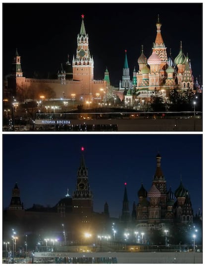 Dos fotografías muestras el Kremlin antes y durante la Hora de la Tierra en Moscú, Rusia.