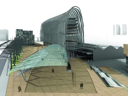 Imagen del proyecto de Josep Fosés para el nuevo Palacio de Justicia de París. La nueva construcción abraza la nave Freyssinet (a la derecha de la imagen).