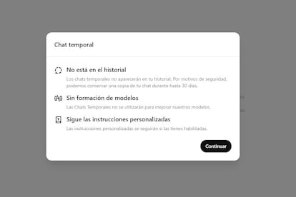 Captura de pantalla para activar un chat temporal en ChatGPT.