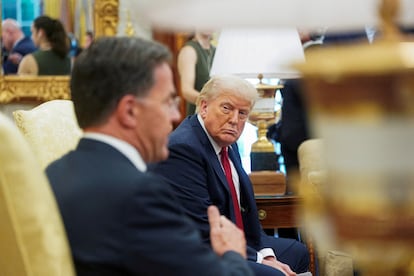 El presidente de EE UU, Donald Trump, mira al secretario general de la OTAN, Mark Rutte, en el Despacho Oval de la Casa Blanca. 