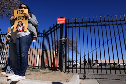 A protestor outside the ICE facility following the arrest of Jeanette Vizguerra in Aurora, Colorado.