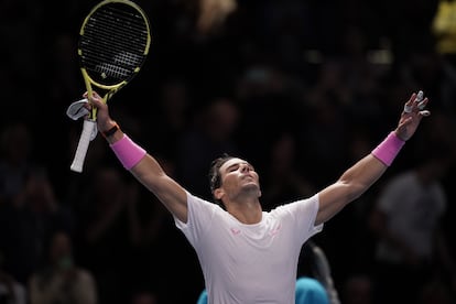 Rafa Nadal celebra una victoria en la ATP Finals de 2019.