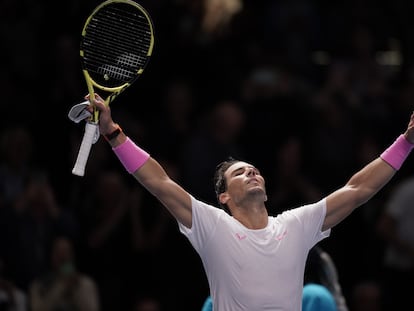 Rafa Nadal celebra una victoria en la ATP Finals de 2019.